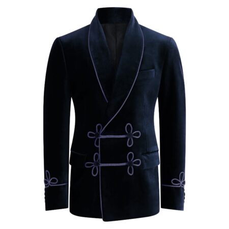 Amorail Men’s Double-Breasted Velvet Smoking Jacket – Tailored Navy Blazer