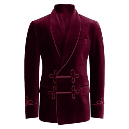 Amorail Men’s Double-Breasted Velvet Smoking Jacket – Tailored Burgundy Blazer
